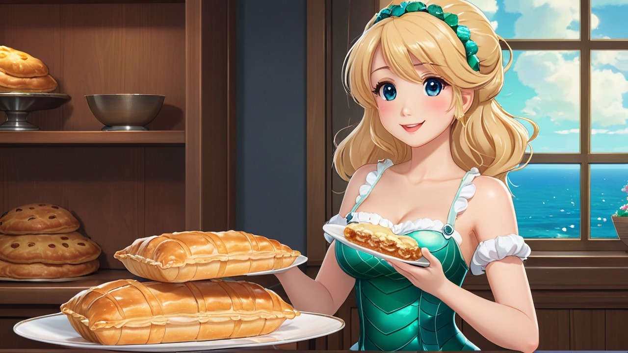 Young Woman in Bakery with Pastry and Sea View