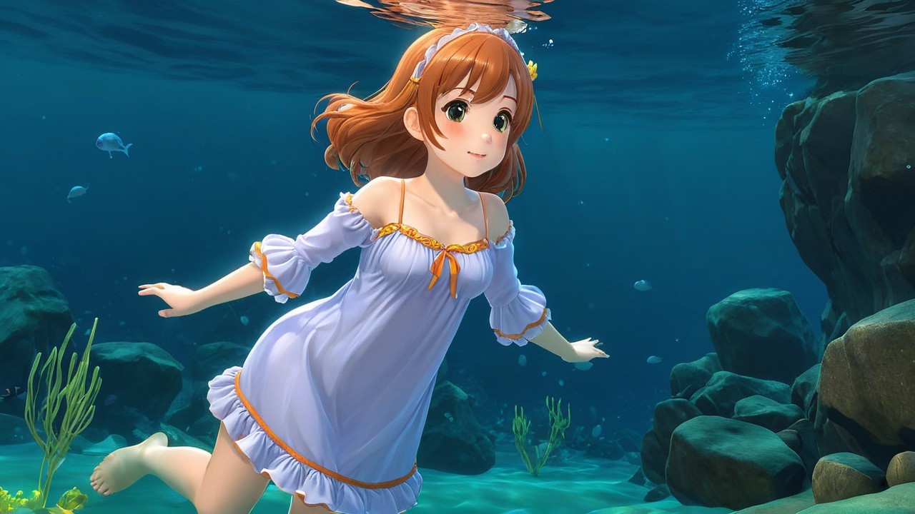 Auburn-haired girl swimming in tranquil underwater scene