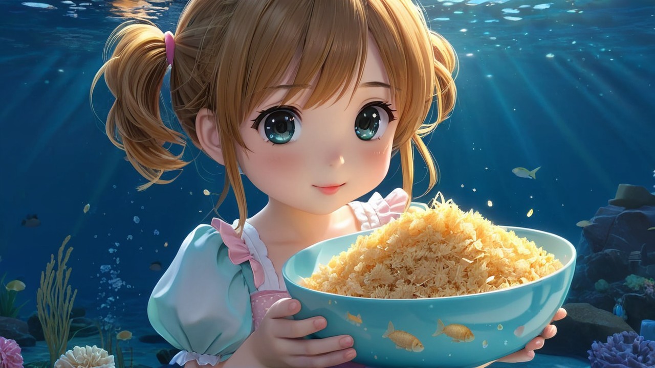 Cheerful girl with pasta in an underwater scene