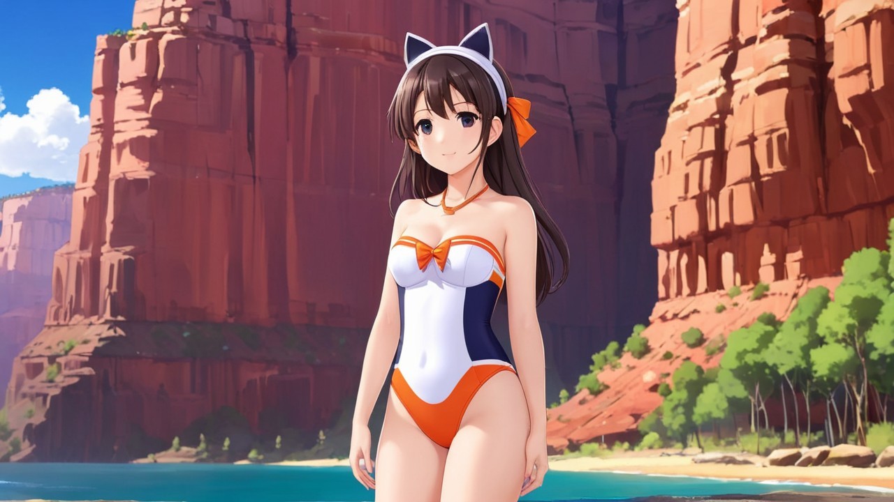 Young woman in swimsuit on scenic beach with cliffs