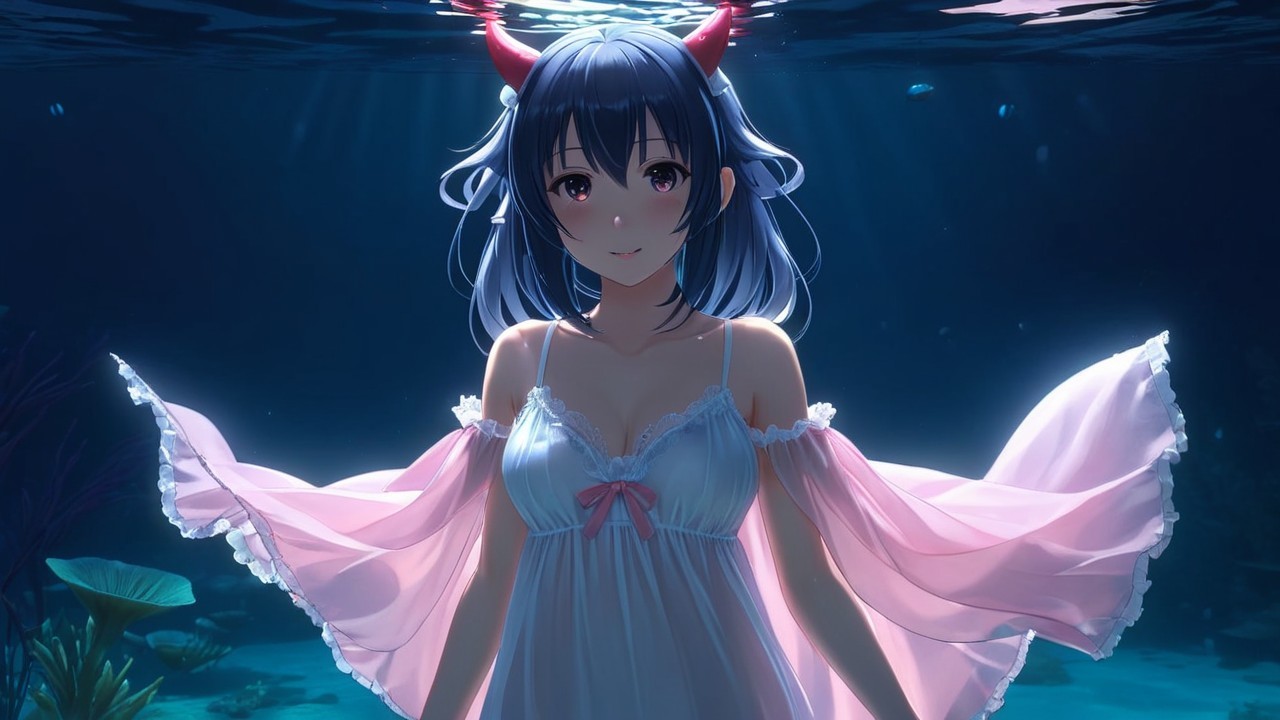Underwater Scene with Young Woman in Pink Dress