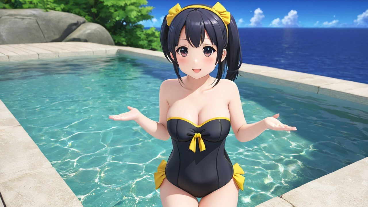 Cheerful anime character by a sparkling pool in summer