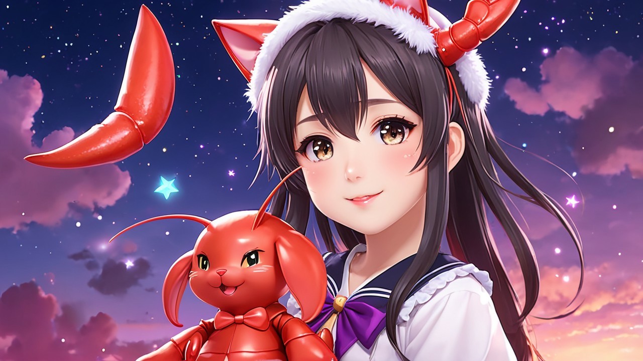 Cheerful girl in festive crab-themed outfit at sunset