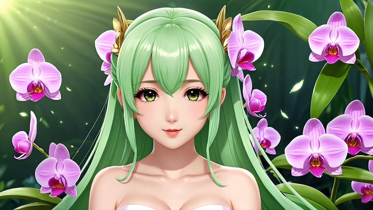Character with Green Hair in Lush Orchid Setting