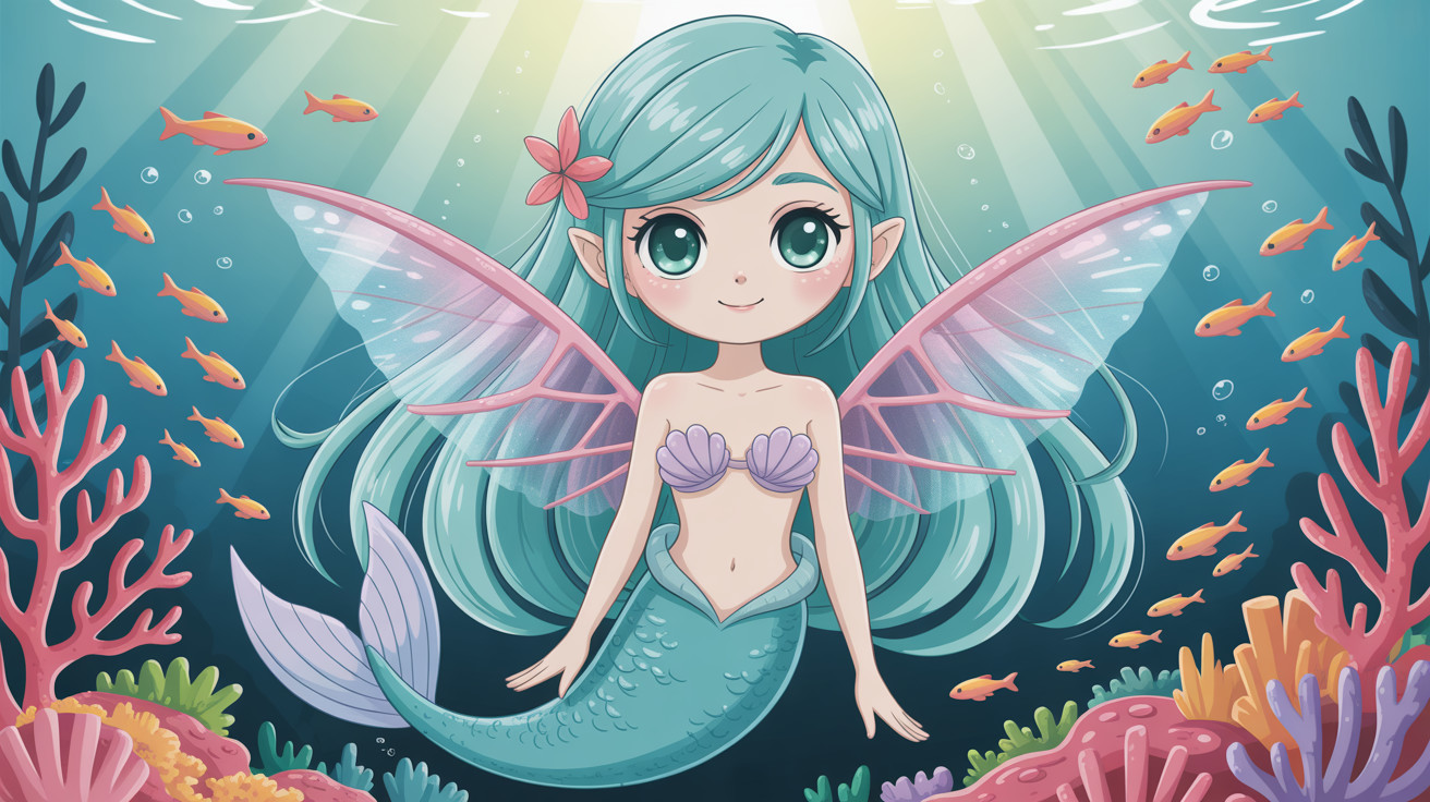 Anime Style Illustration of a Mermaid Girl Underwater