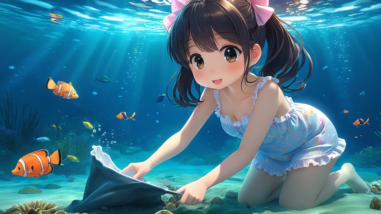 Young girl in blue dress exploring underwater scene