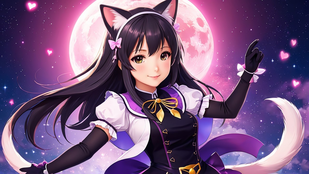 Whimsical Anime Girl with Cat Ears in Moonlit Sky