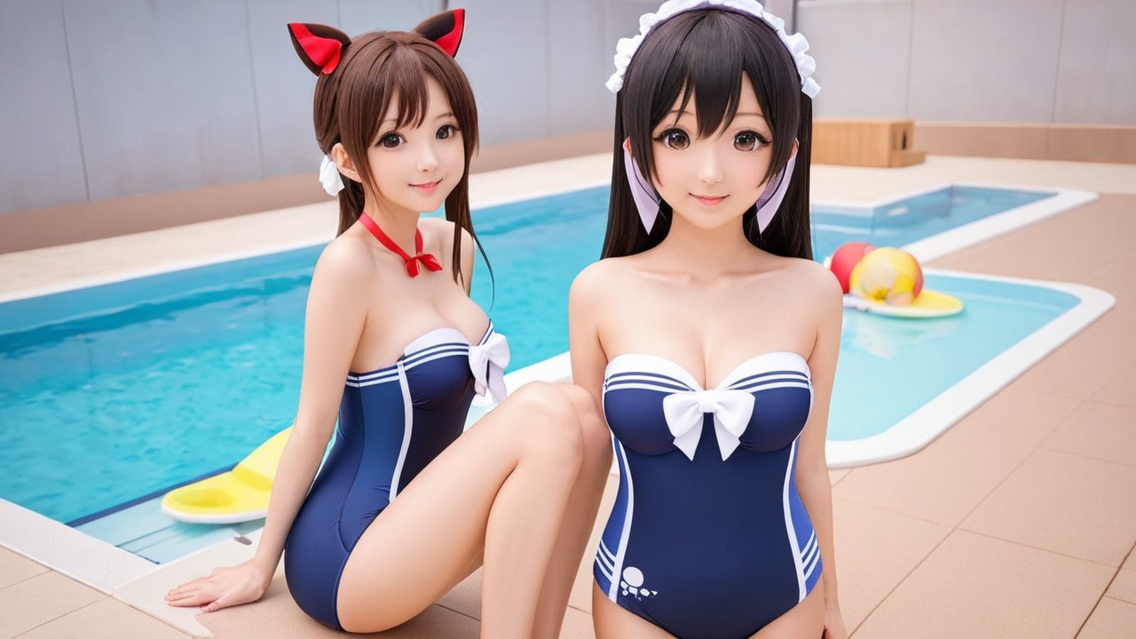 Anime Characters by Pool in Blue Swimsuits