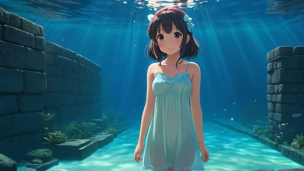 Young girl in light gown gracefully underwater with fish