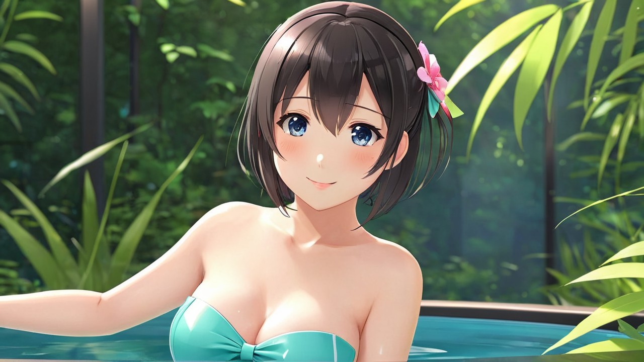 Young woman in turquoise swimsuit by serene pool