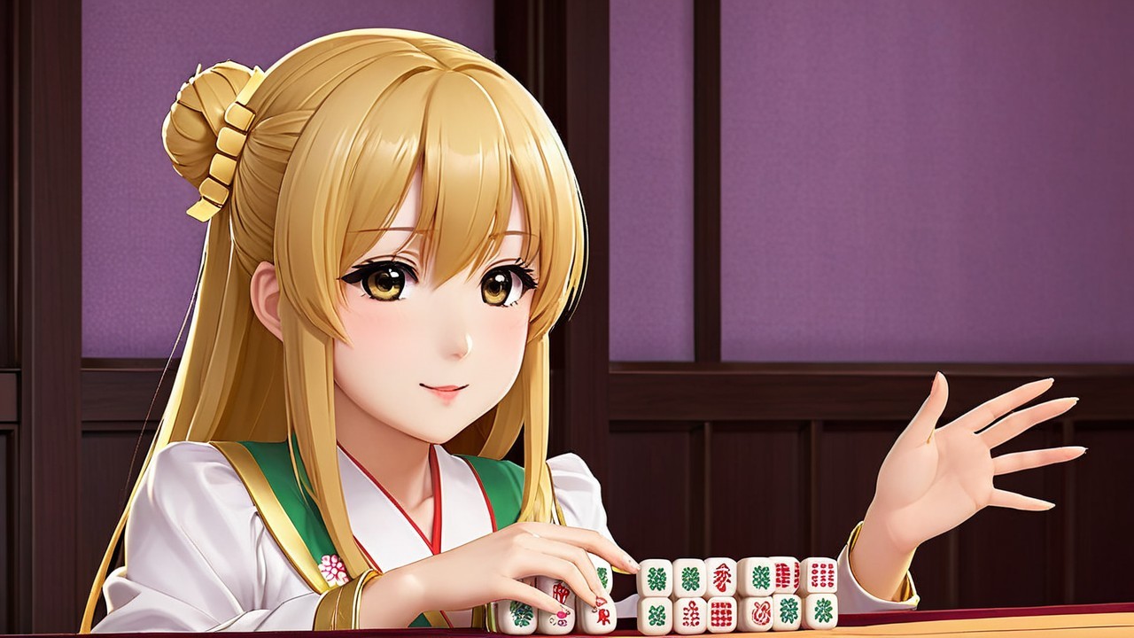 Young Woman in Kimono at Mahjong Table Setting