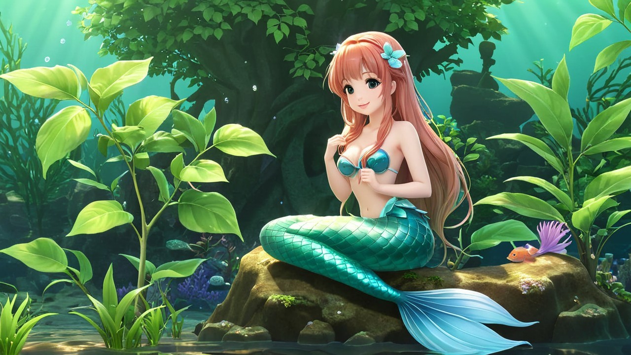 Whimsical Underwater Scene with Cheerful Mermaid