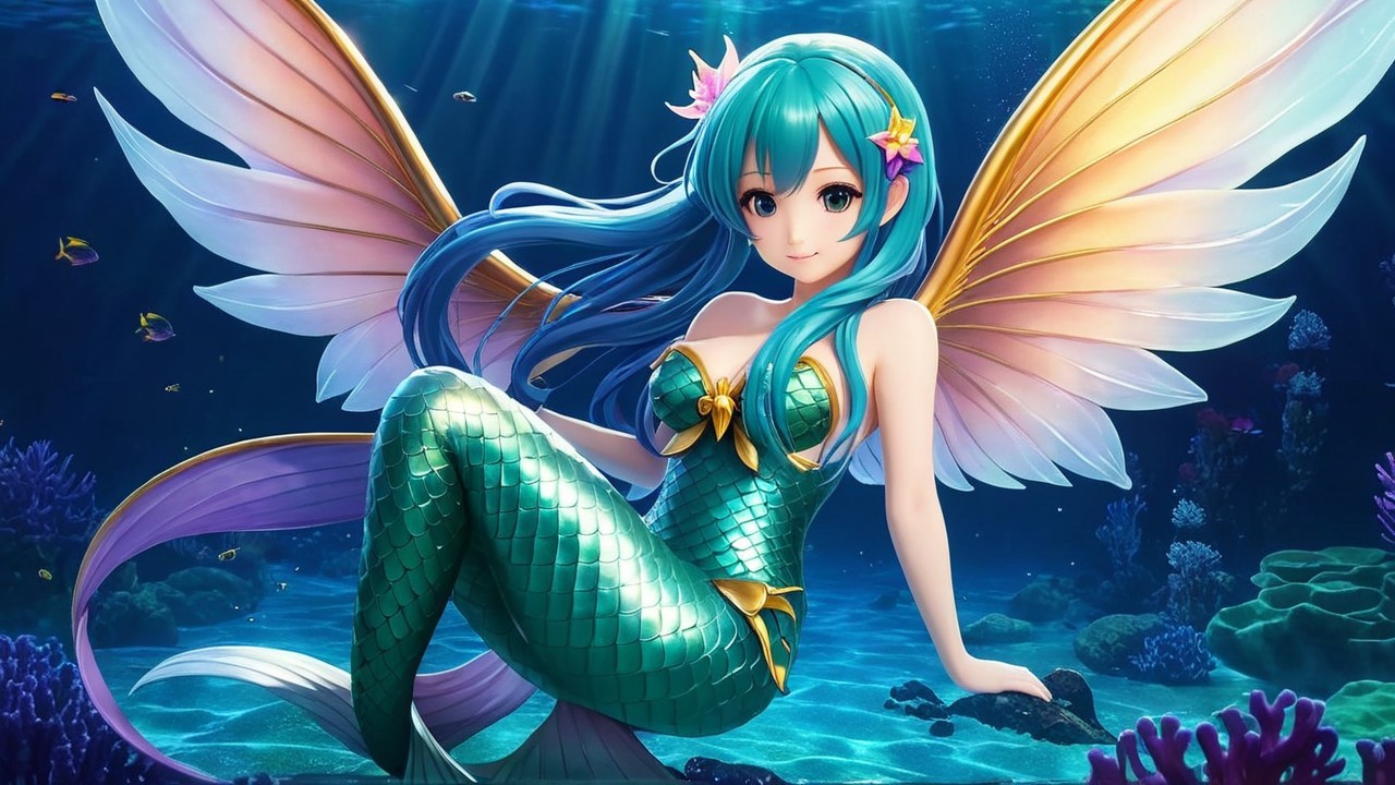 Mermaid with Turquoise Hair in Underwater Scene