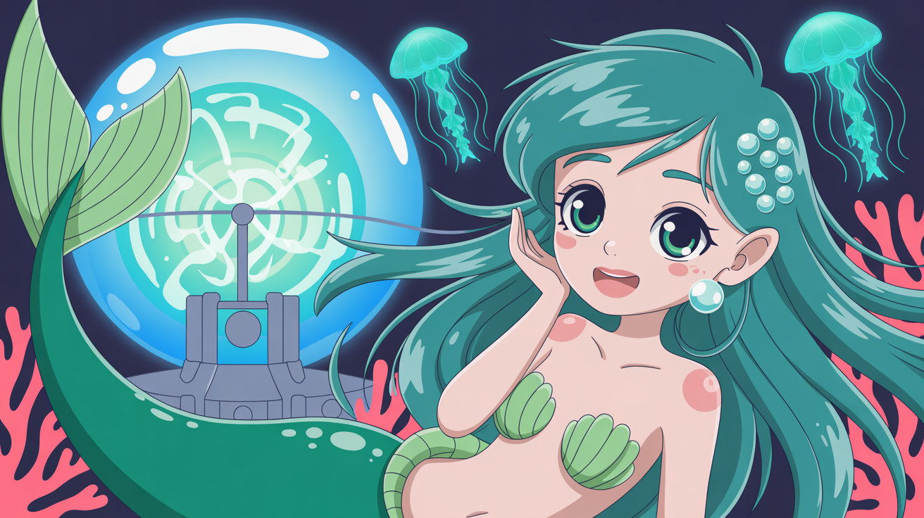 Happy mermaid with teal hair and seashell accessories