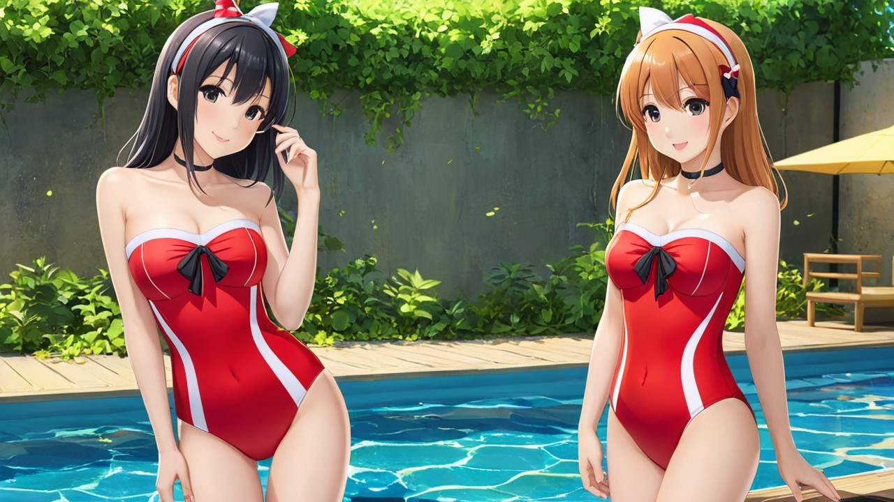Anime Characters in Red Swimsuits by Poolside