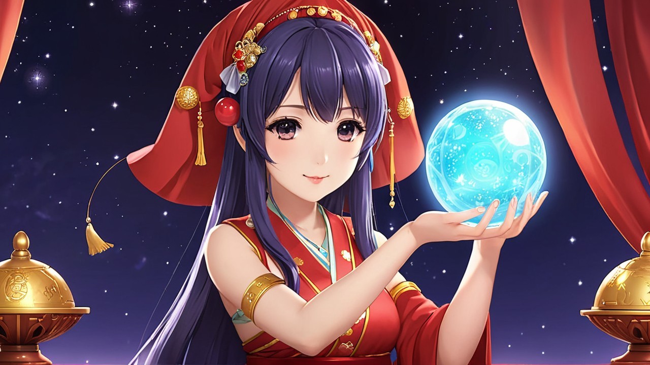 Young woman in traditional attire with glowing crystal ball