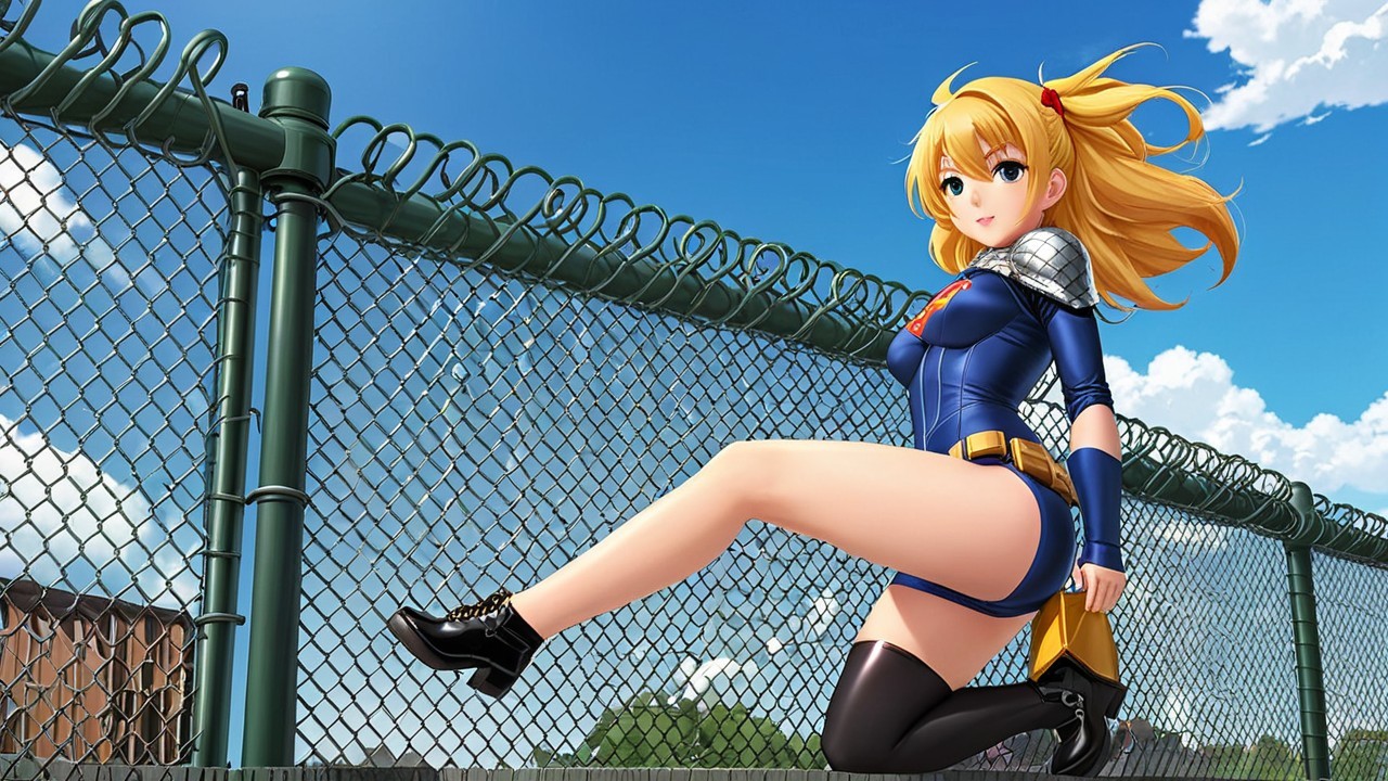 Vibrant anime character with blonde hair on a fence
