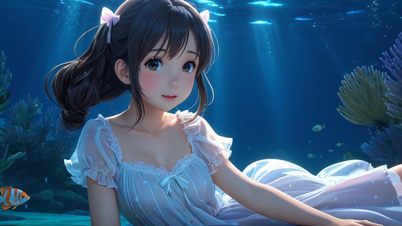 Underwater Scene with Girl in White Dress and Coral