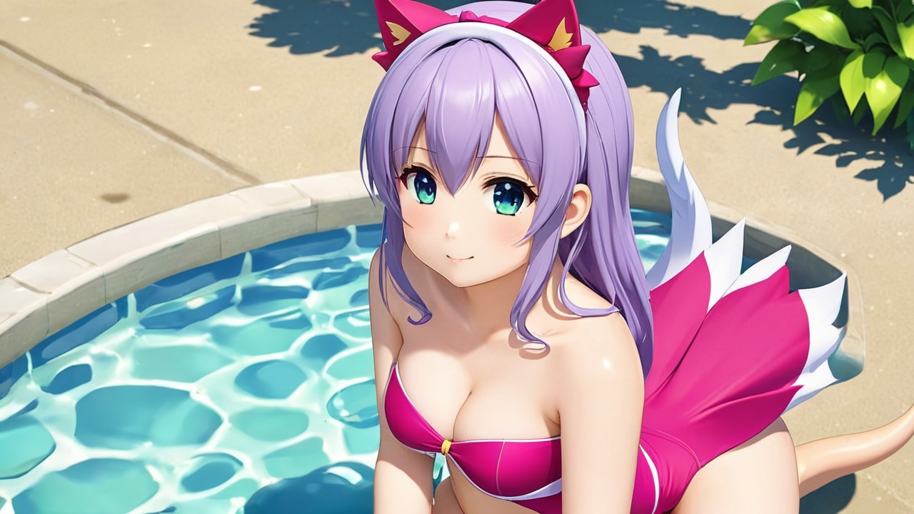 Playful character by sparkling pool in summer setting