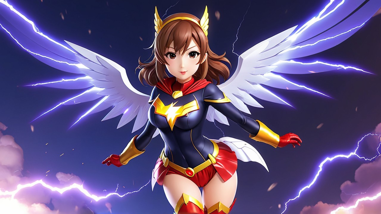 Anime-Inspired Superheroine in Dramatic Lightning Sky