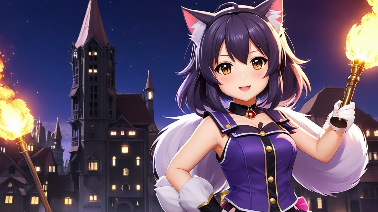 Cheerful Anime Character in Front of Gothic Castle