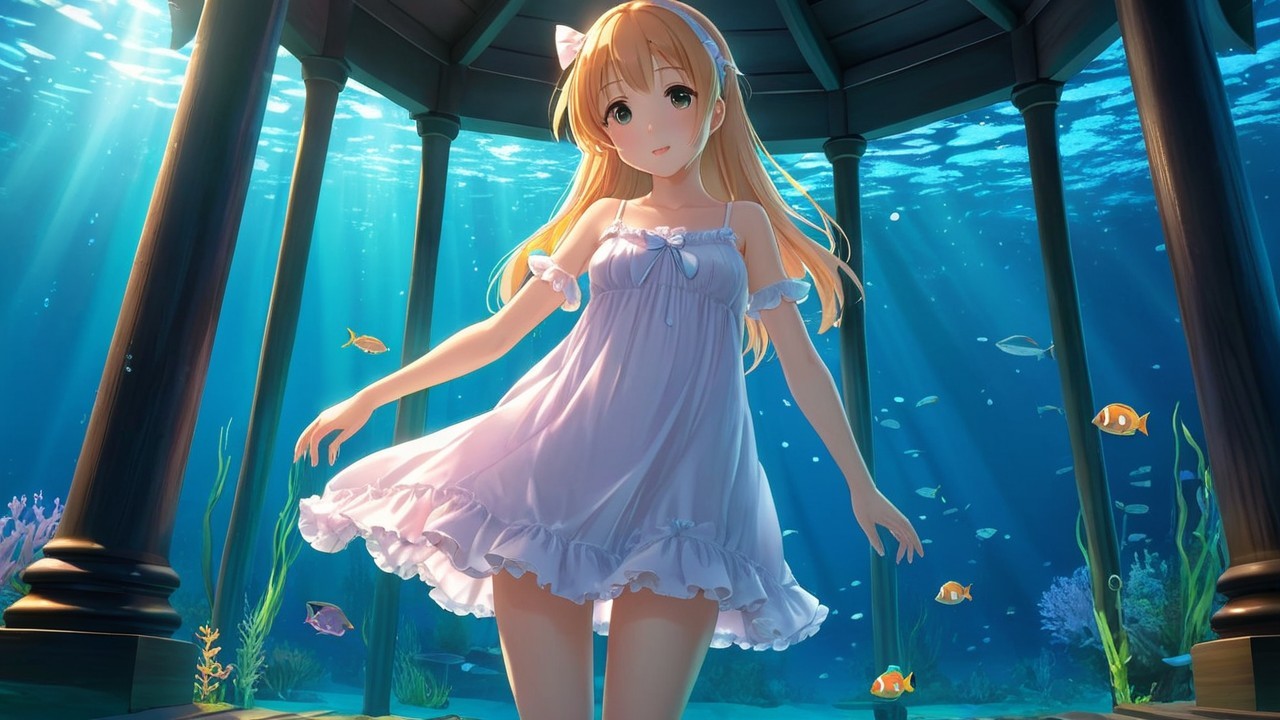 Underwater Scene with Girl in White Dress and Fish