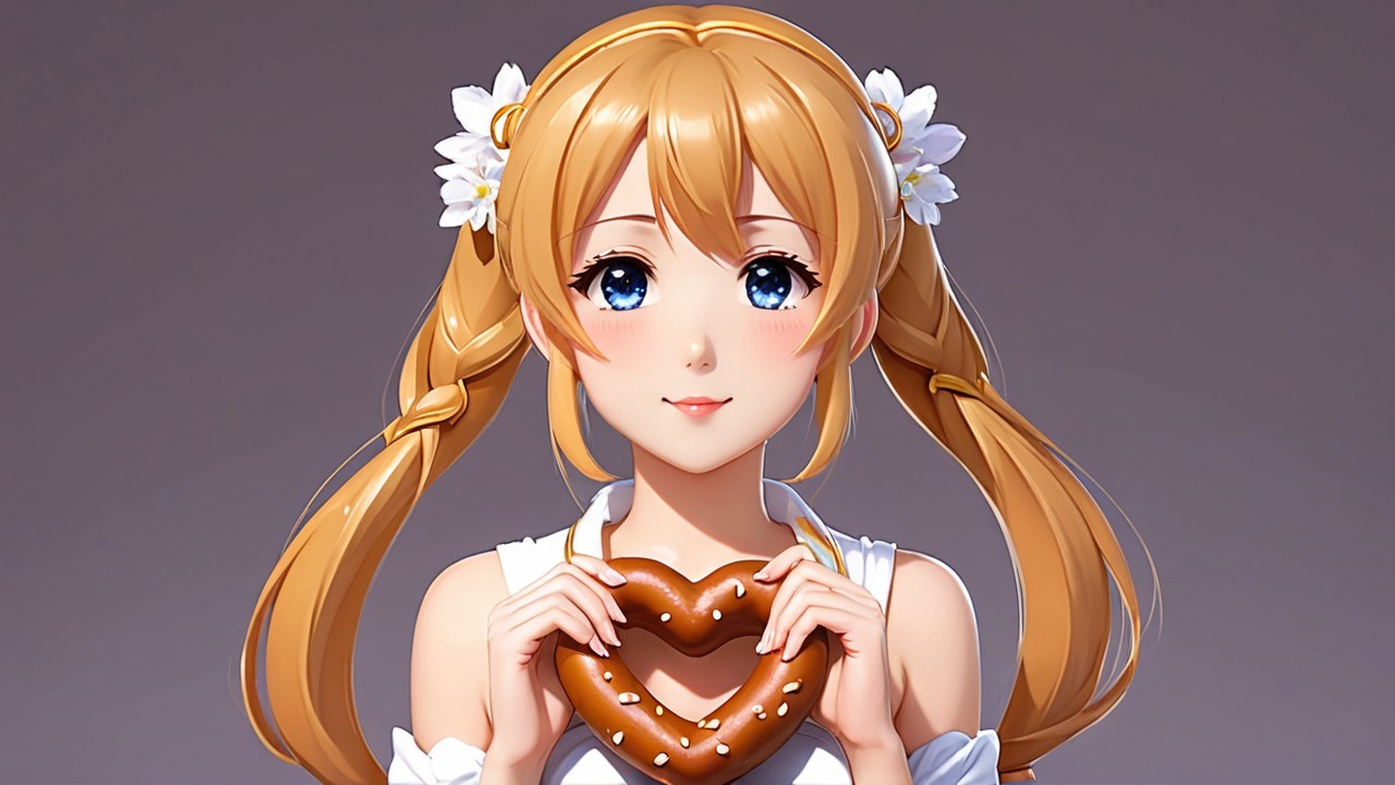 Cheerful Anime Girl with Heart-Shaped Pretzel