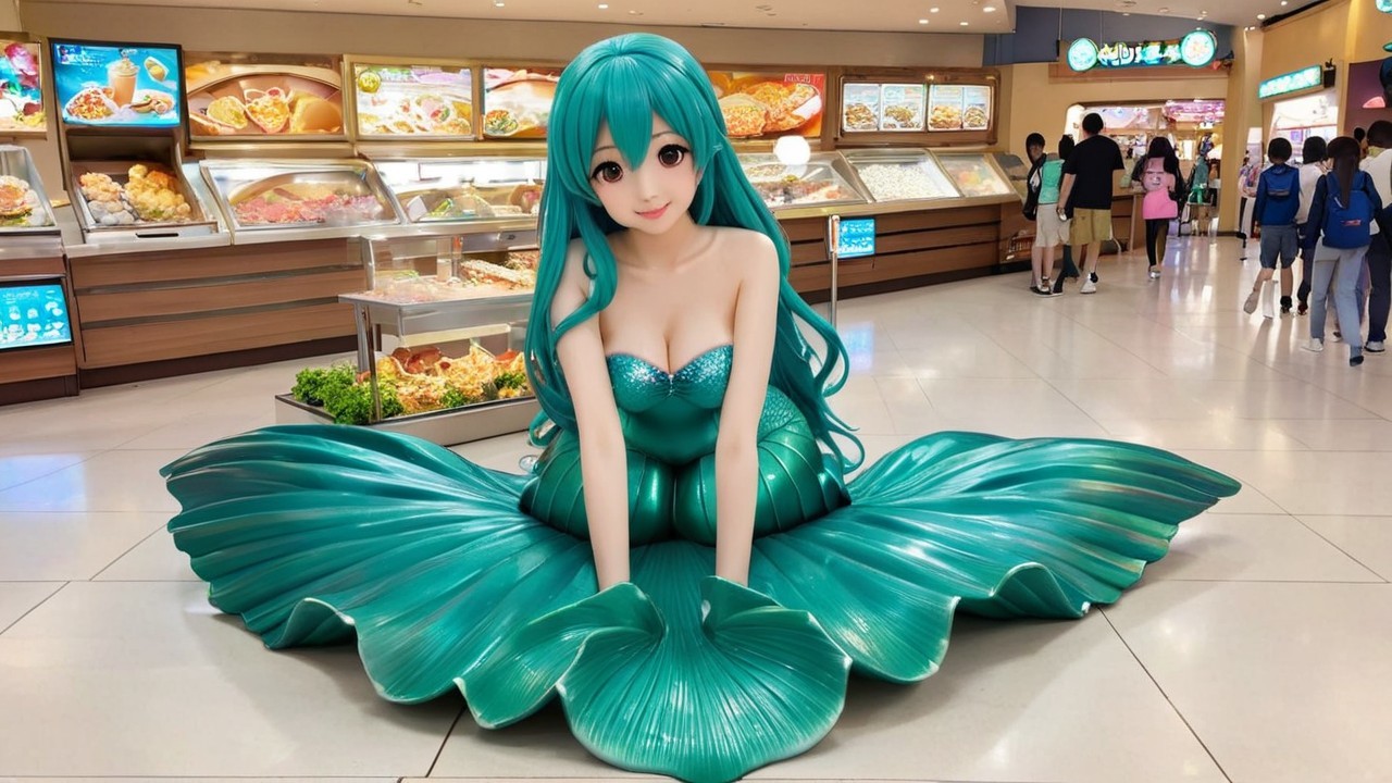 Vibrant Mermaid Statue in Bustling Food Court