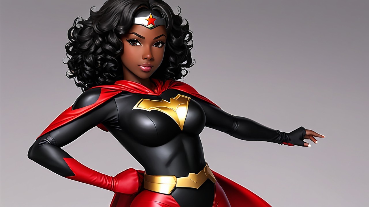 Superheroine in Black and Red Costume with Cape