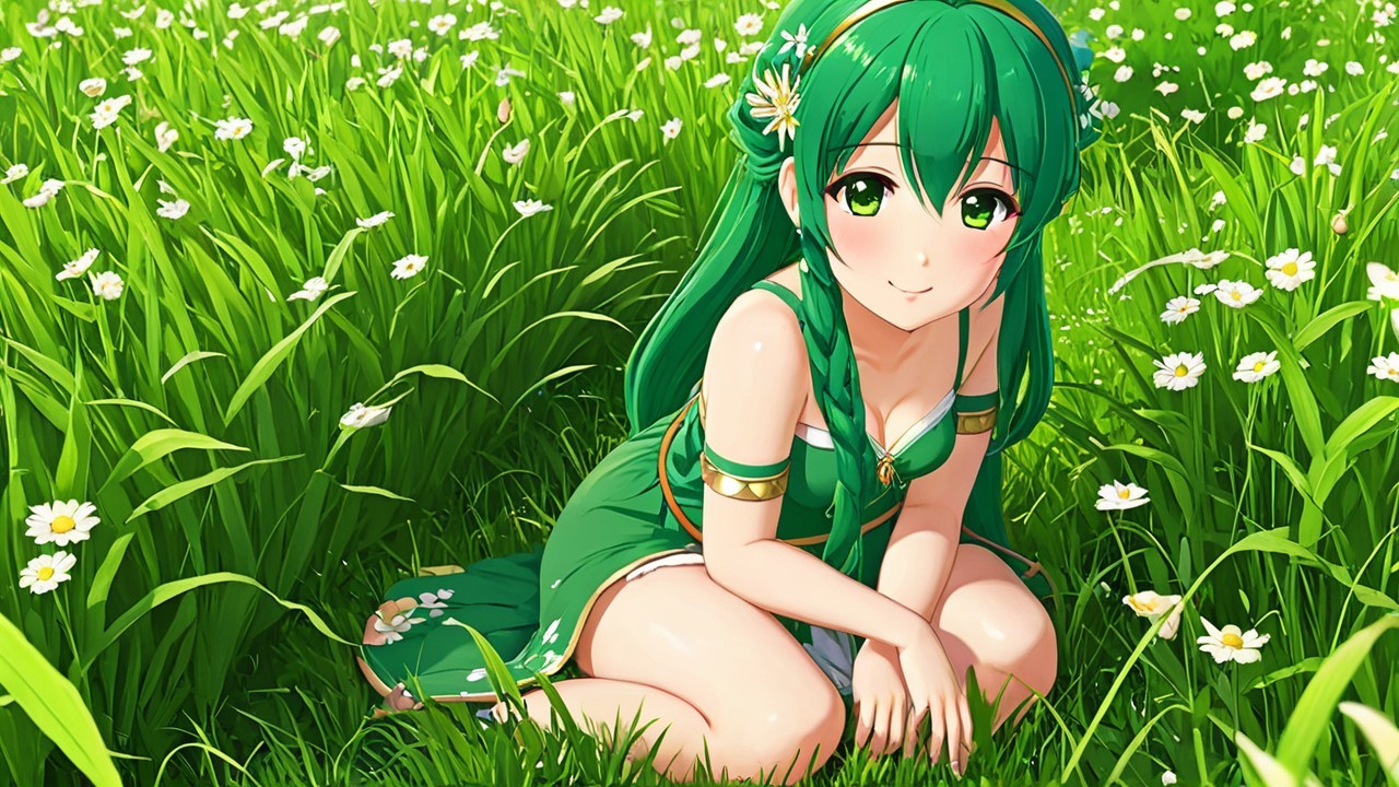 Cheerful anime character in a sunny flower field