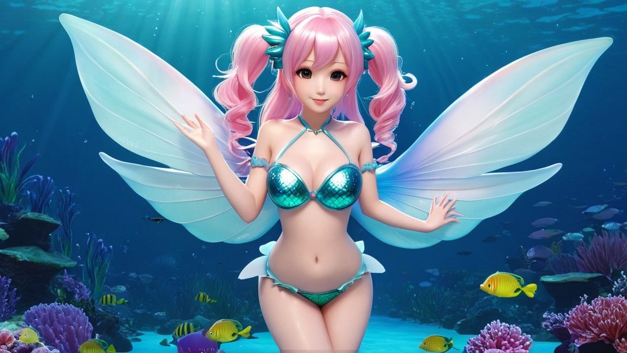 Underwater Scene with Fairy Character and Marine Life