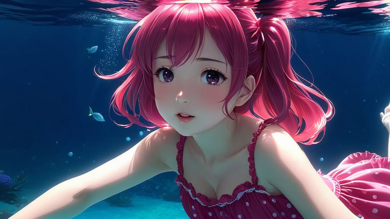 Young girl with pink hair swimming underwater