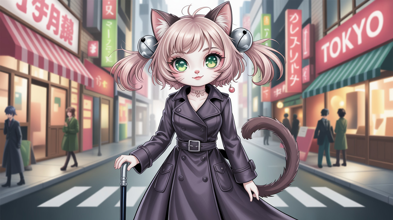 Anthropomorphic cat girl in Tokyo street scene