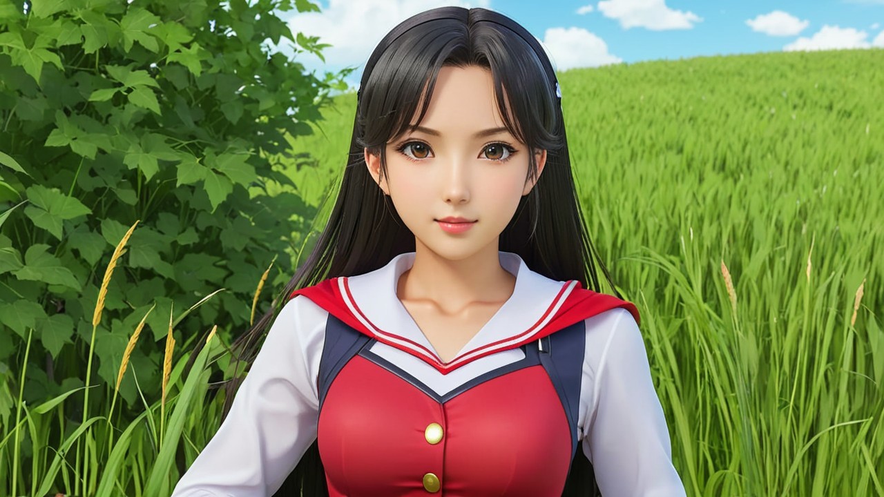 Young Woman in School Uniform in Green Field