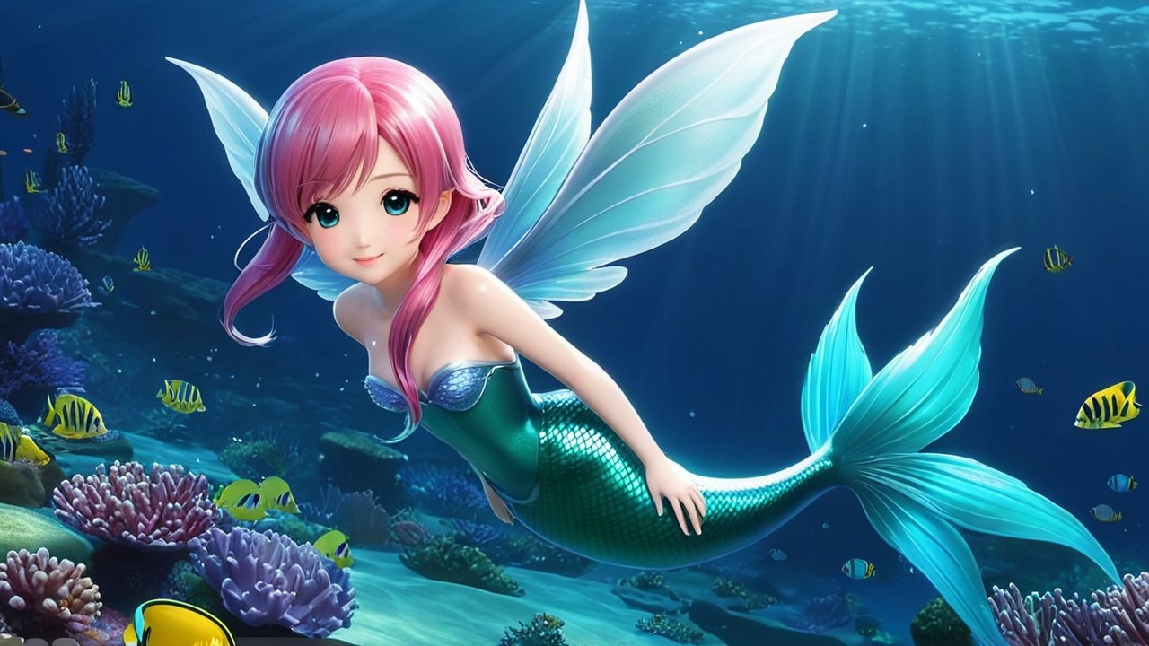 Vibrant Underwater Scene with Whimsical Mermaid