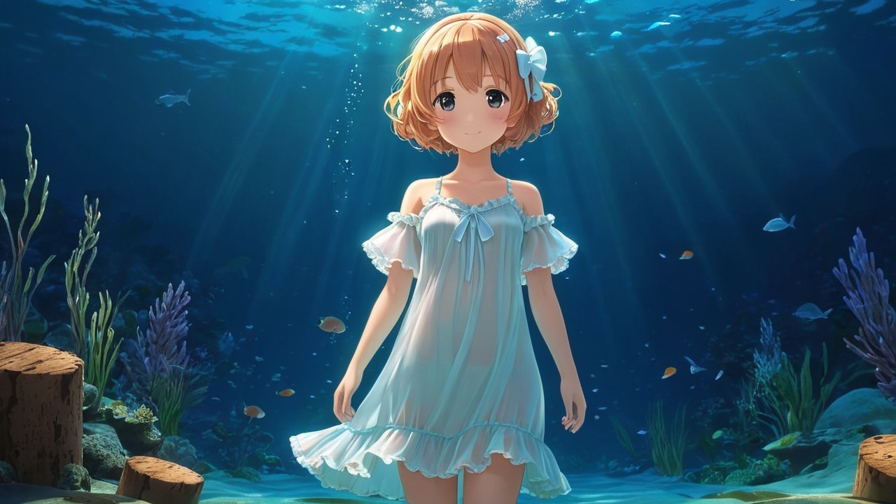 Young girl in pale blue dress underwater with fish