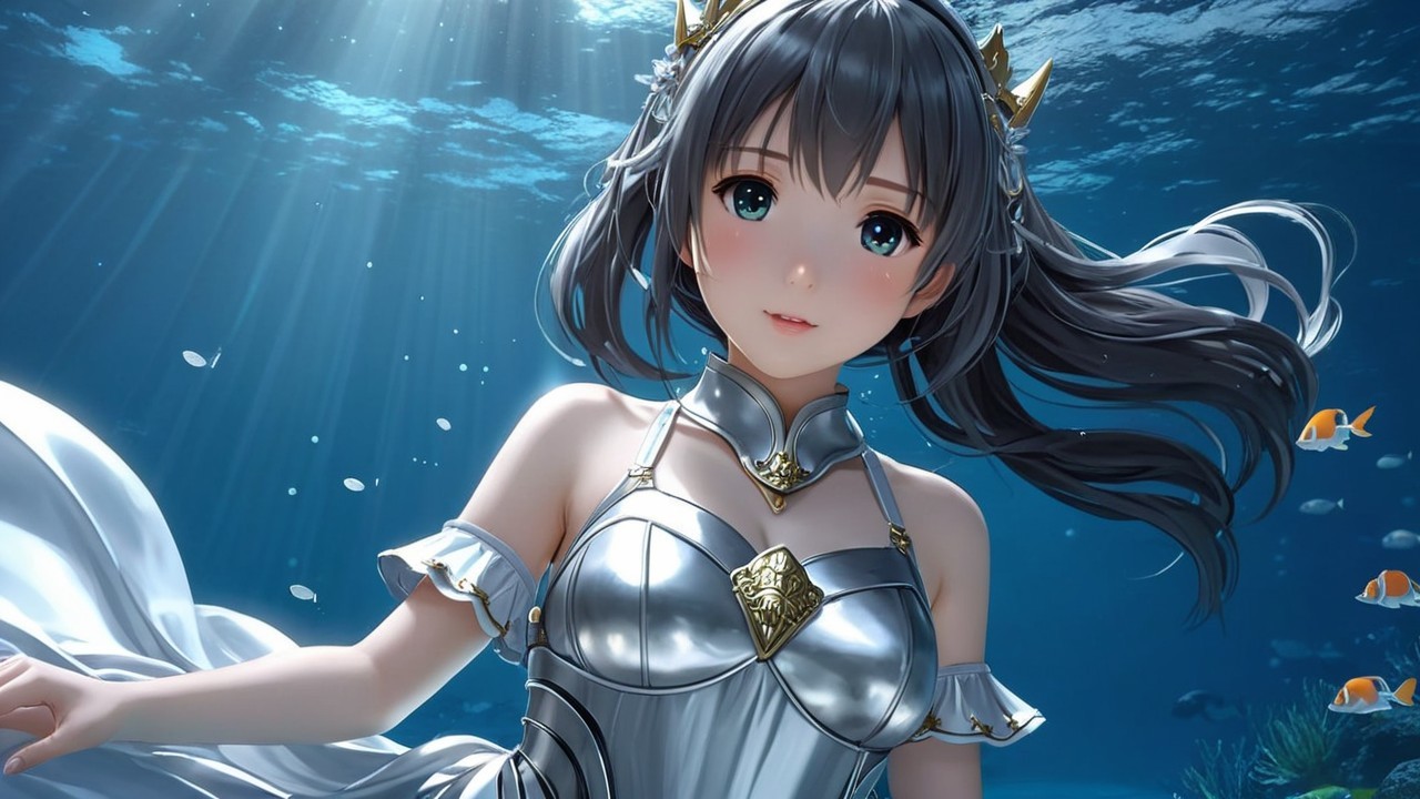 Underwater Character in Silver Dress Surrounded by Fish