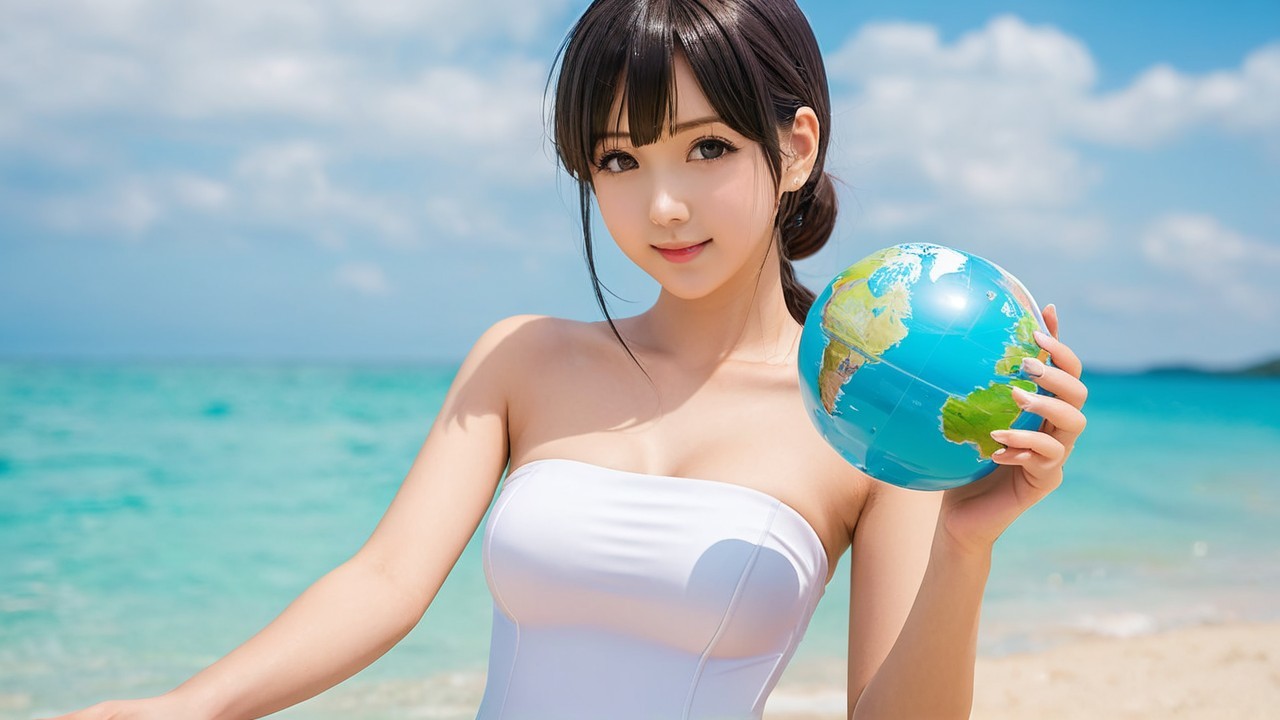 Young Woman in White Swimsuit on Sandy Beach with Globe