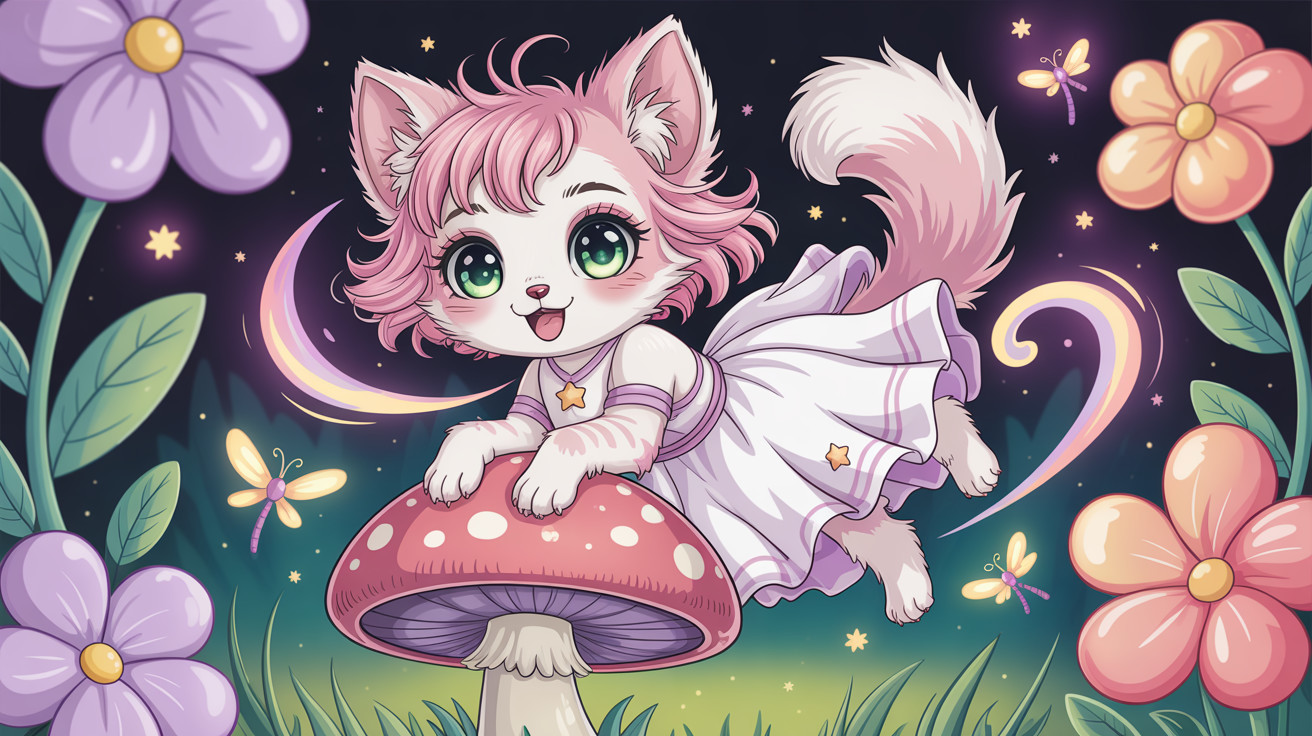 Anime Cat Girl on Red Mushroom in Nocturnal Garden