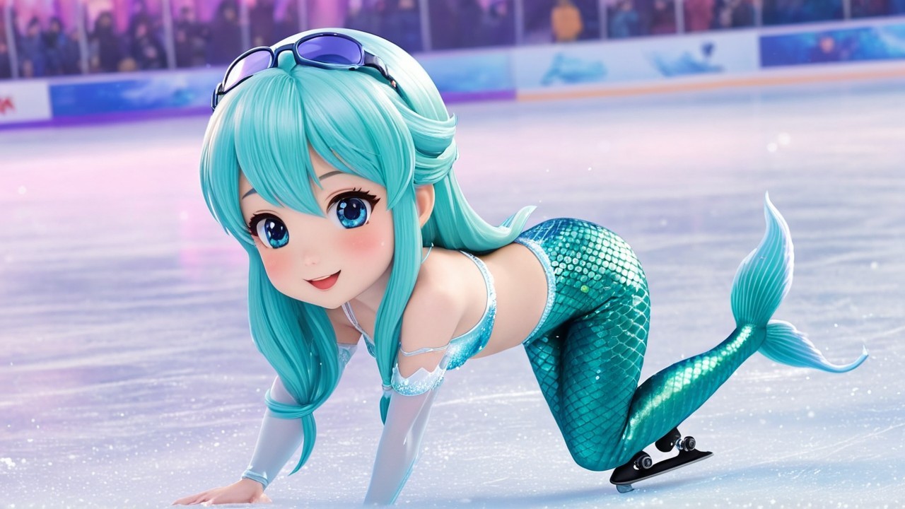 Vibrant Character on Ice Rink with Mermaid Tail