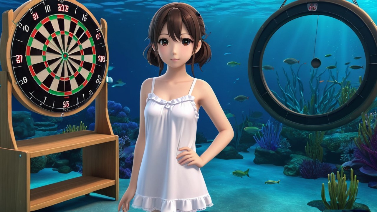 Animated Character Underwater with Dartboard and Coral