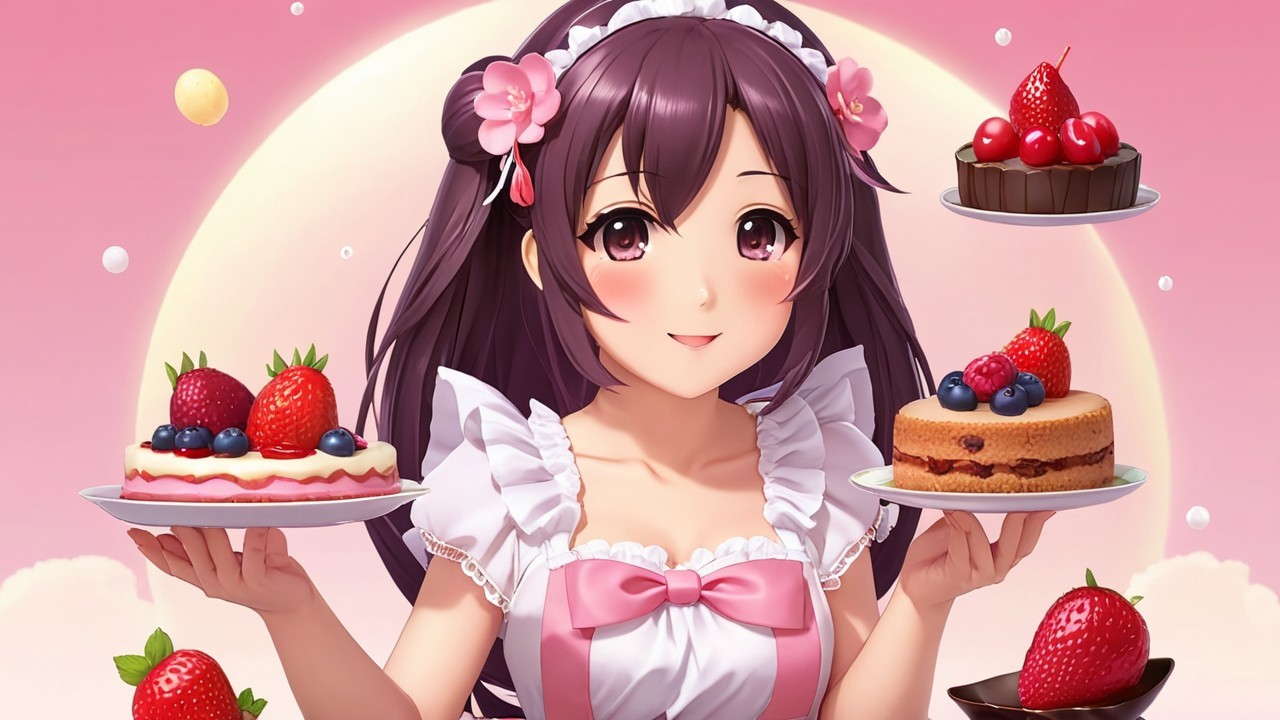 Cheerful anime girl in maid outfit with desserts