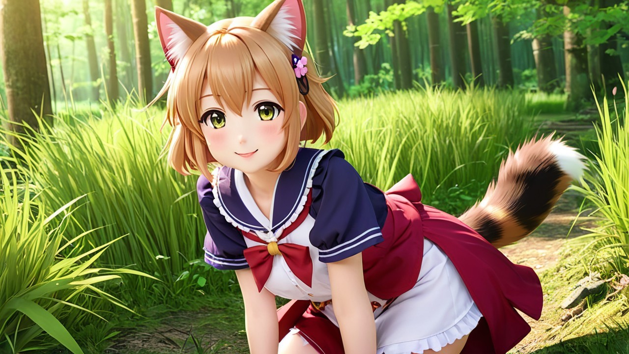 Anime Character with Cat Ears in Forest Setting