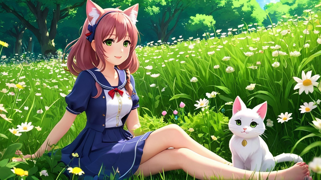 Young girl with cat ears in a sunny meadow scene