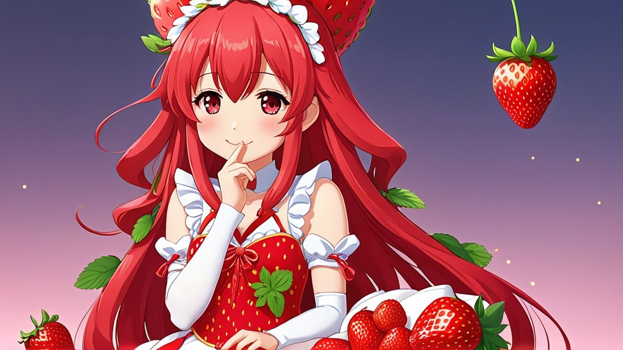 Vibrant Anime Character with Strawberry Theme and Background