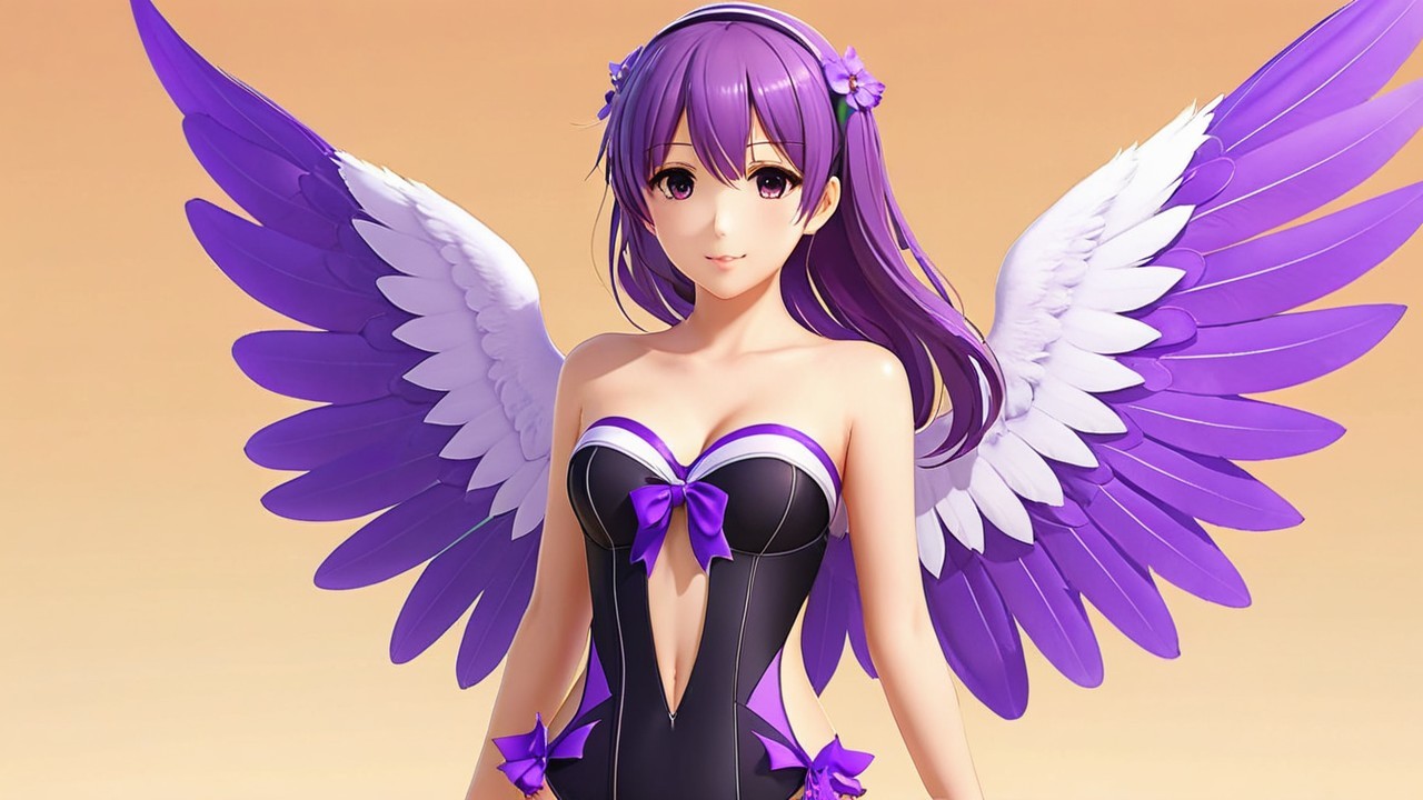 Stylized character with purple hair and elegant wings
