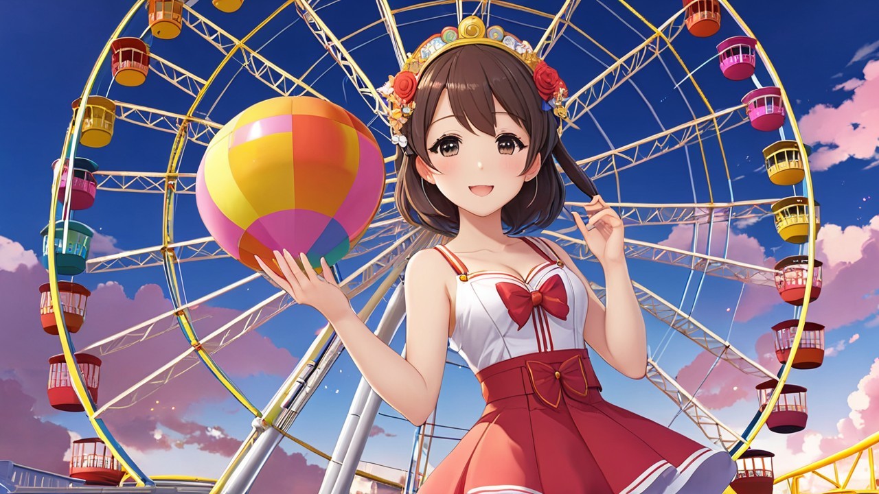 Cheerful girl with balloon by vibrant Ferris wheel at sunset