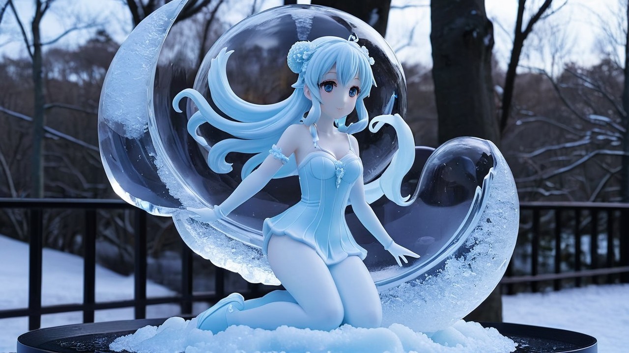 Ice-Themed Figure of a Woman in Serene Winter Scene