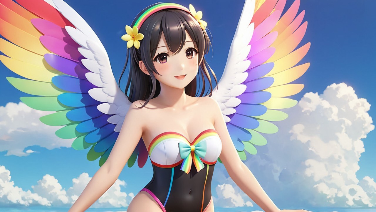 Colorful Character with Rainbow Wings in Blue Sky