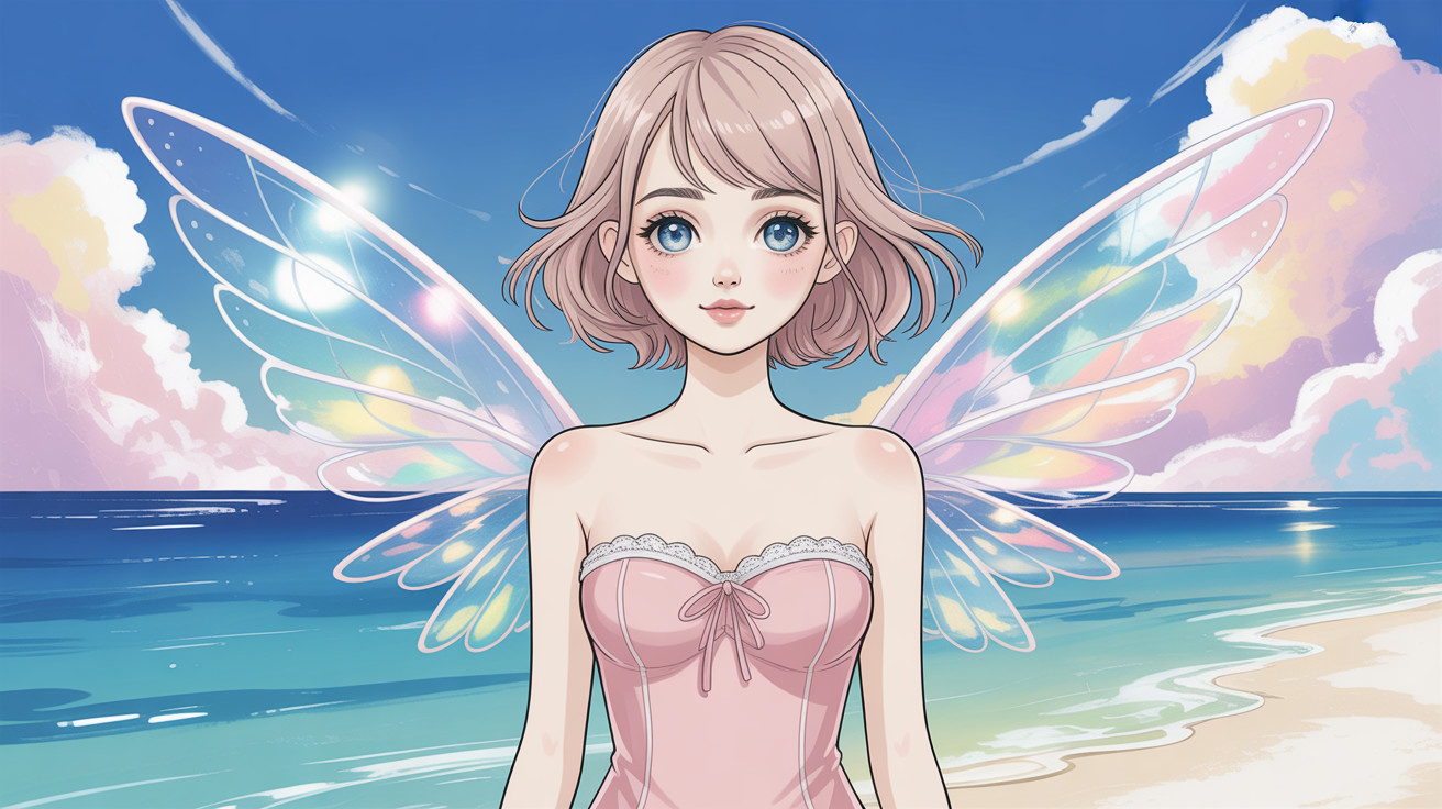 Anime Fairy Girl on a Beach with Iridescent Wings